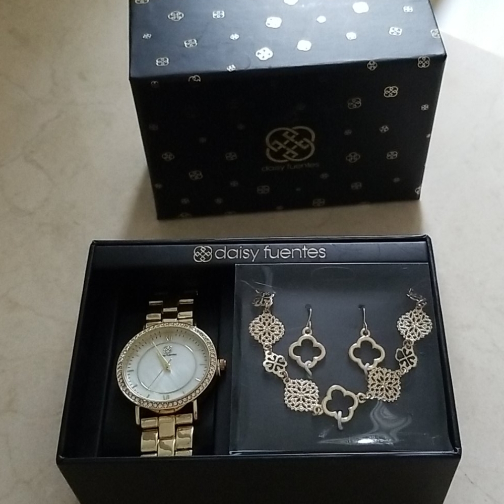 Gold Watch Earrings & Necklace Set